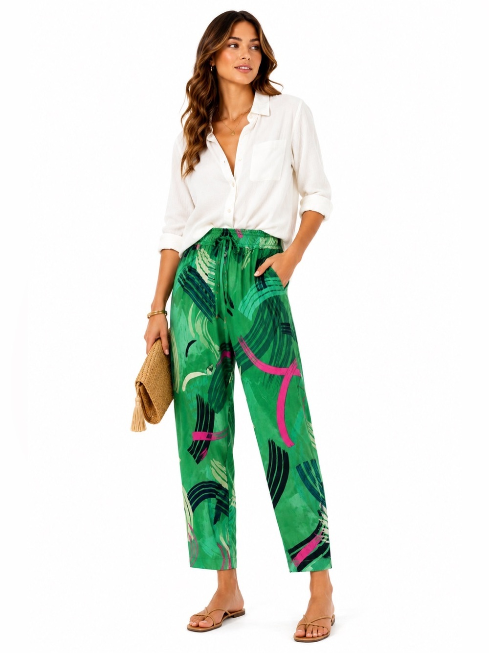 Anthropologie The Odells Green Abstract Print Tencel Pants Size L